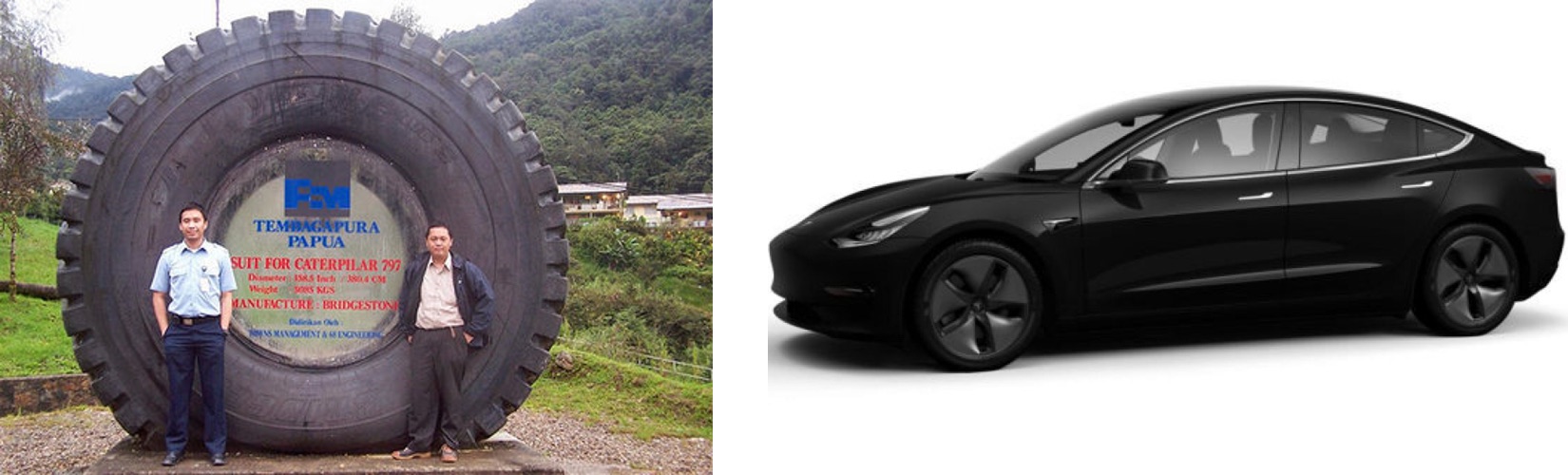Two people standing beside a giant Caterpillar 797 tire, next to a black Tesla Model 3