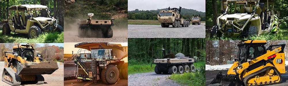 A collage of autonomous off-road vehicles: military ground vehicles, mining trucks, and construction equipment